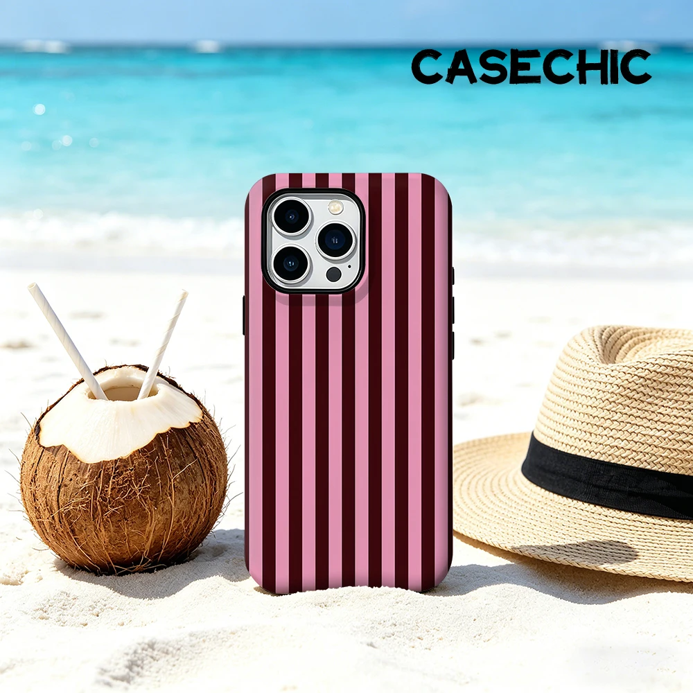 CaseChic Hülle Matte Bumper für MagSafe Hülle für iPhone 17 16 15 14 Plus Pro Max Stoßfeste Hartschale Pink & Burgunderrot Vertikale Streifen