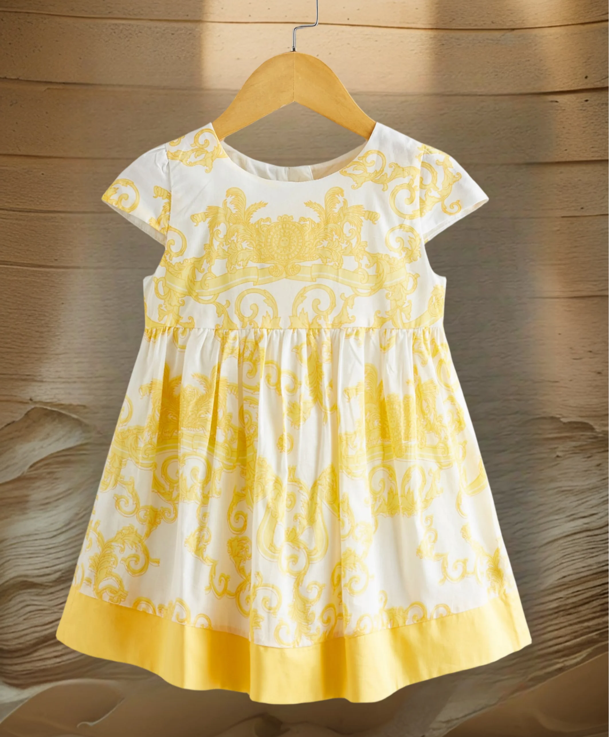 Sweet little shu holiday style girls summer crew-neck printed yellow short sleeve cool waist casual loose design dress