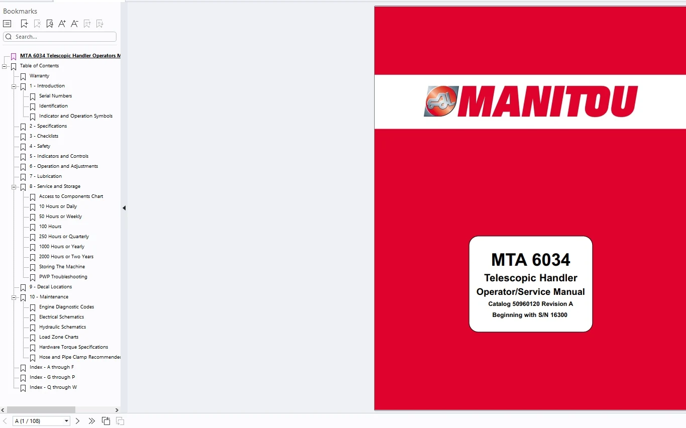 AutoEPC Manitou Telehandler MTA Series Service Manual, Operator Manuals, Part Manual Update 2024