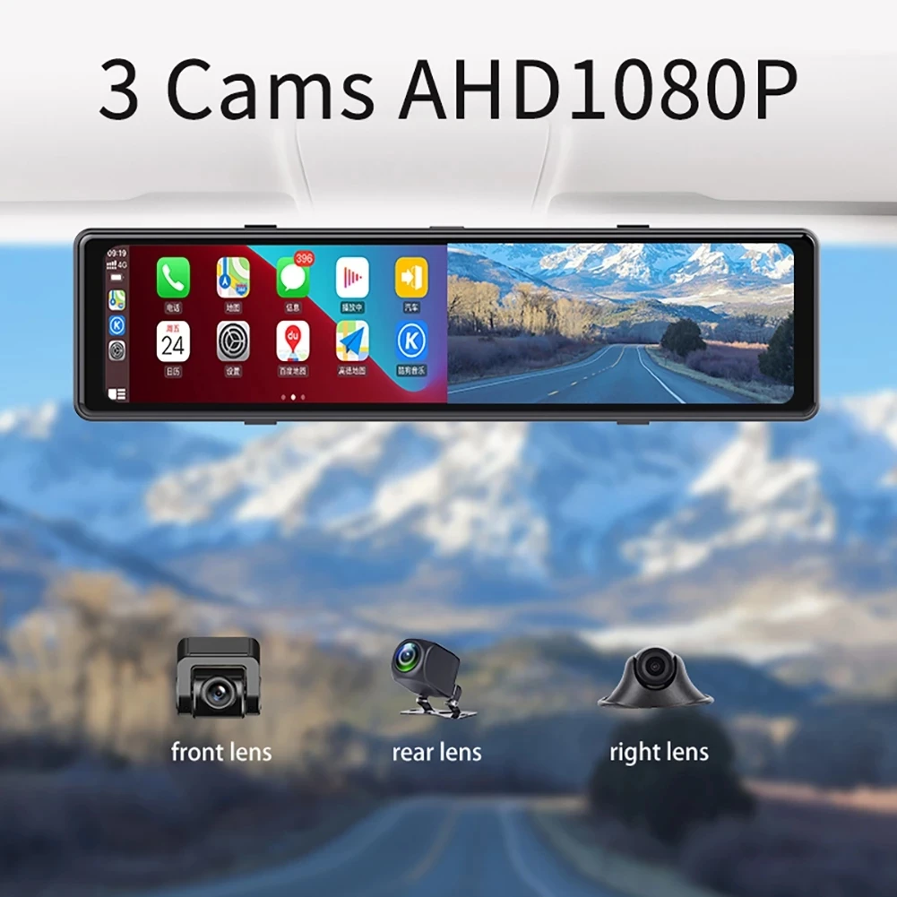 3 Cameras Dash Cam Car Play & Android Auto 2.5k 2560*1440P Rearview Mirror Video Recording WIFI Loop Record Phone APP Car DVR