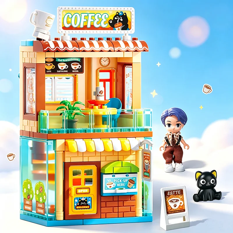 Big Size Street View Coffee Store Bricks DIY Model Building Blocks Creative Pretend Play Toy Ideal Holiday Gift For Children