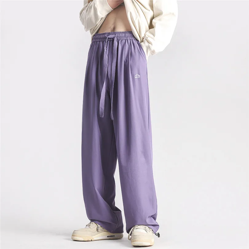 Summer Pants For Men Fashion Korean Streetwear Purple Soild Adjustable Cuffs Casual Pant Loose Straight Leg Trousers