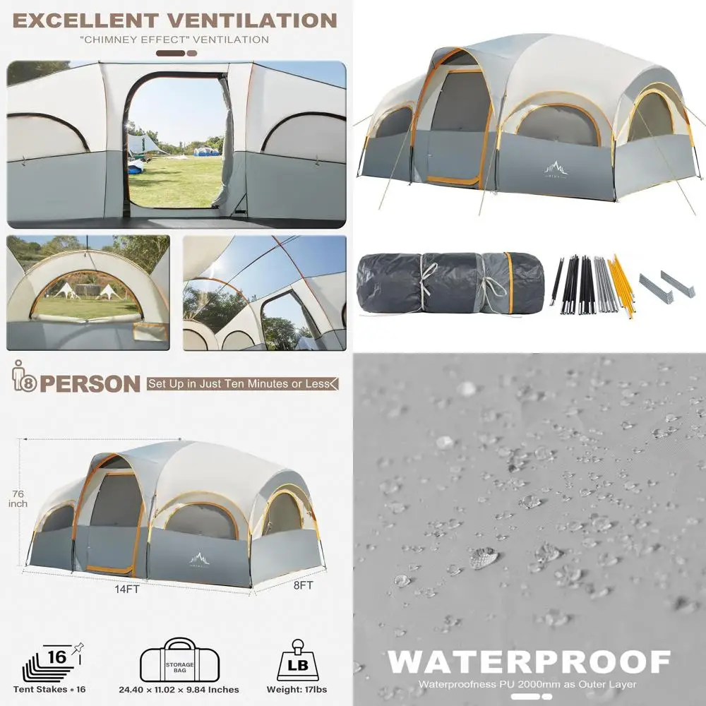 

Семейная водонепроницаемая и ветрозащитная палатка на 8 человек с дождевиком, отдельными разделенными шторами и портативной сумкой для переноски