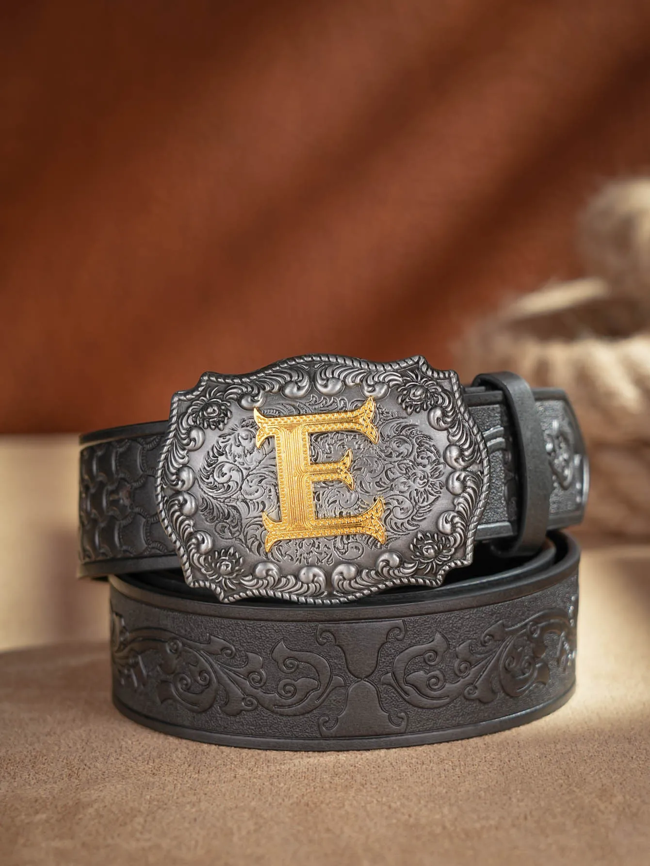 Western Cowboy PU-Ledergürtel – Herren-Hüftgurt, Stier-Dekoration, Blumenmuster, graviert für Jeans – Detail 9