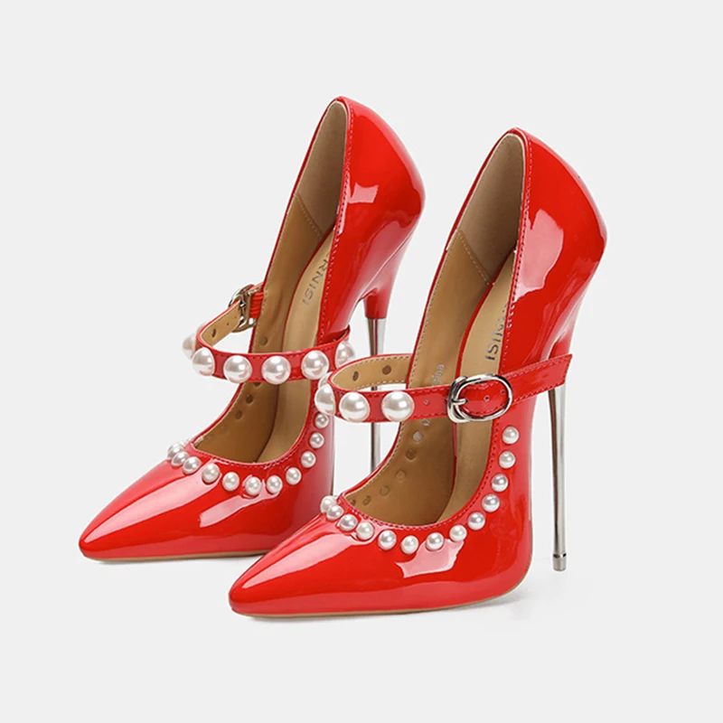 2025 جديد وصول 16 سنتيمتر المتطرفة المعادن عالية الكعب الخناجر مثير اللؤلؤ الكاحل حزام النساء مضخات الوثن نموذج SM مثلي الجنس للجنسين الأحذية