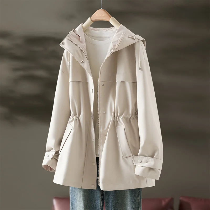 

Spring Autumn Hooded Trench Coat Women 2024 New Korean Elegant Casual All-Match Women Windbreaker Female Outerwear