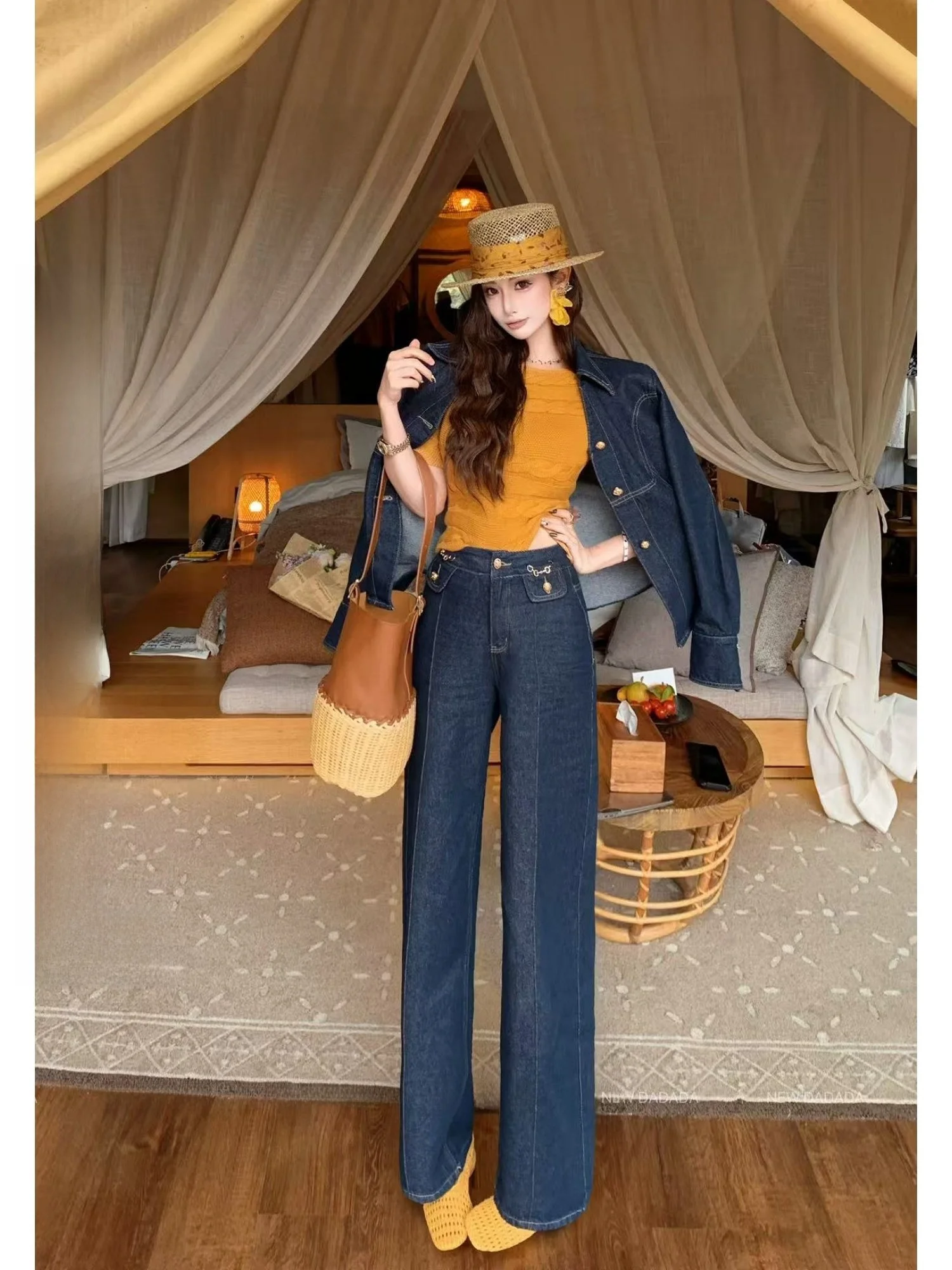

Новые джинсы Dadada Retro Gold Bule Denim: уникальные, облегающие, женские, с высокой талией, из хлопка, прямого кроя, теплые, однотонные, весенняя коллекция
