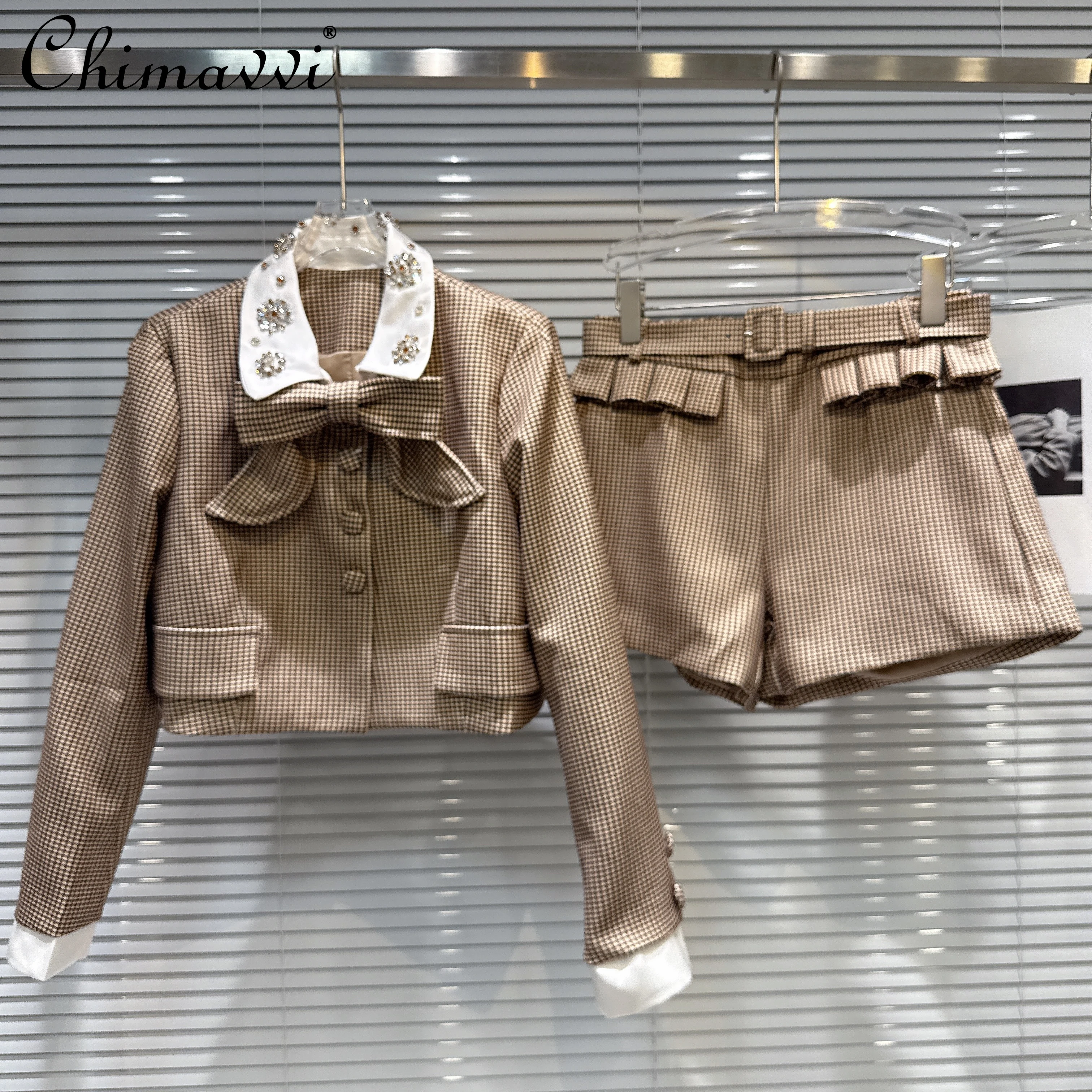 2025 Autumn Clothes New Fashion Heavy Bowknot Scarf Plaid Short Jacket + Belt Shorts Set Elegant Commuter Women's Two-Piece Set