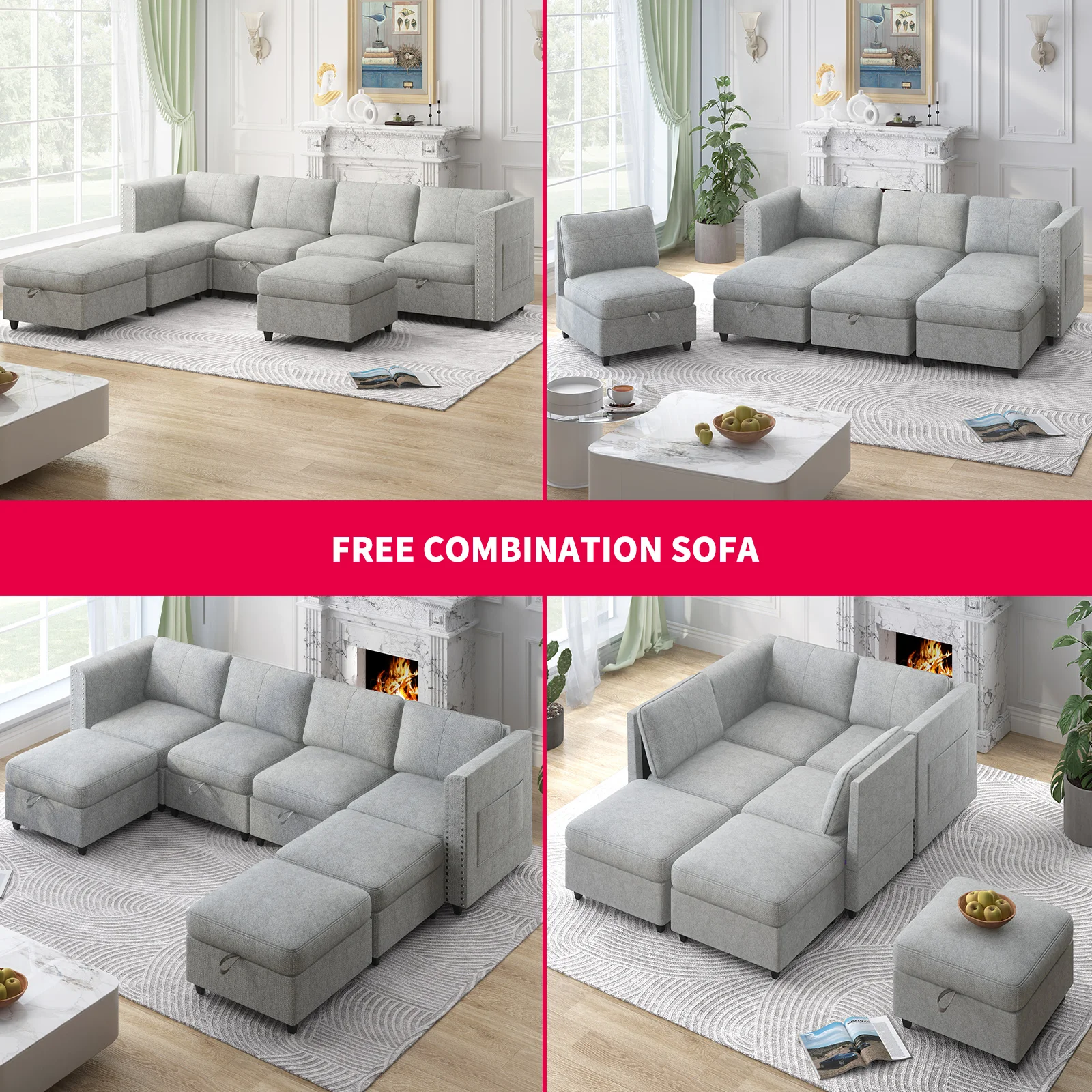 Modular Sectional Sofa with Storage Ottomans, Convertible Sofa Couch with 3 Movable Ottomans, 7 Seater Oversized Sleeper Couch f image 6