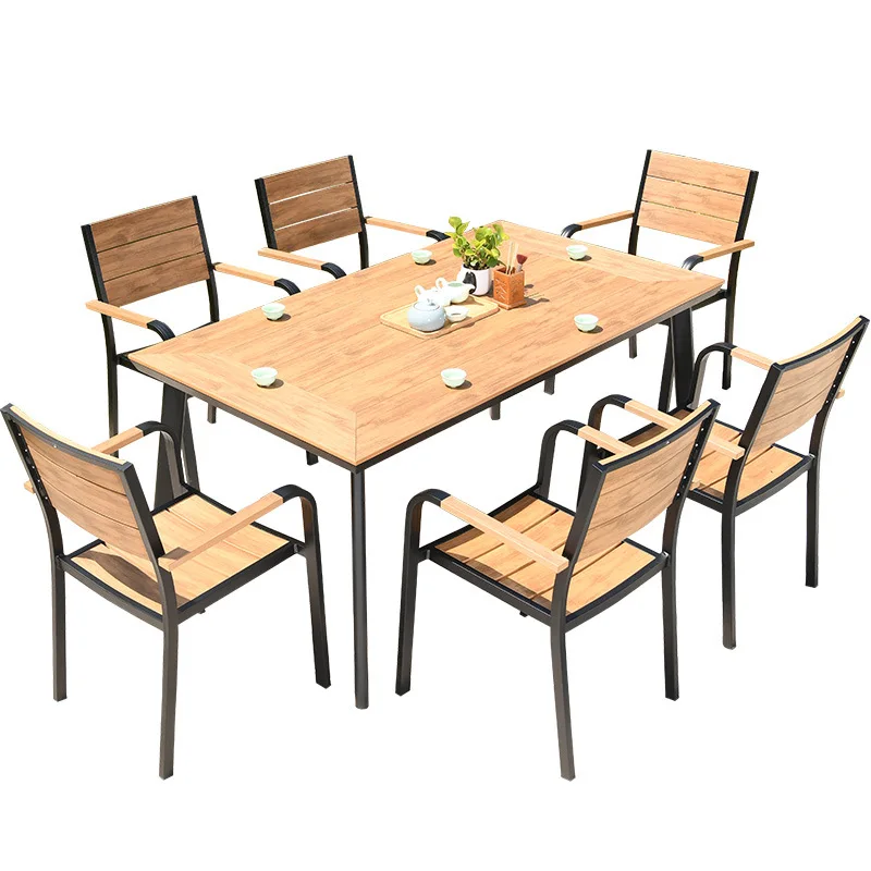 

Outdoor courtyard tables and chairs Outdoor garden Open-air terrace Teak-colored plastic wood back chair Balcony table