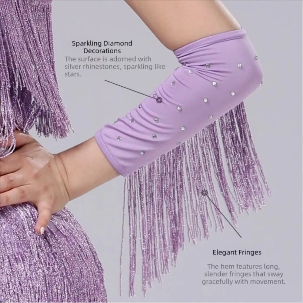Performance Stage Latin Dance Fringed Sleeves Drilling Rhinestone Flash Fringe Tassel Gloves Latin Dance Costumes Solid Color