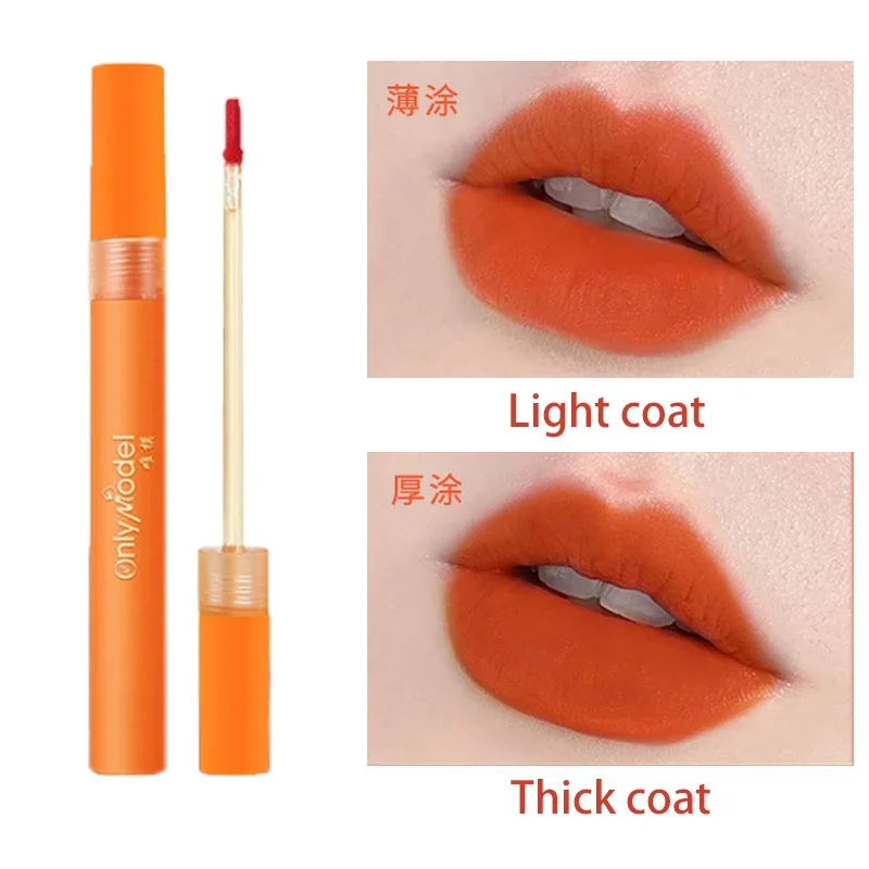 Orangefarbener Lippenstift, Lippenglasur, matt, samtig, Muse-Lipgloss, Karotte, helle Farbe, langlebig, nicht leicht zu verblassen, flüssige Lippen, Make-up-Kosmetik