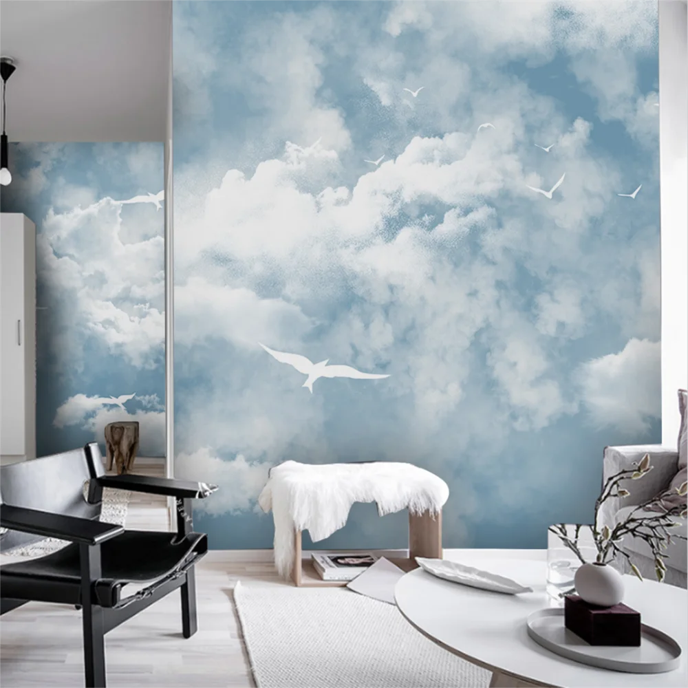 Custom Modern minimalist blue sky white clouds mural wallpaper children's room background photo wall paper home decor stickers