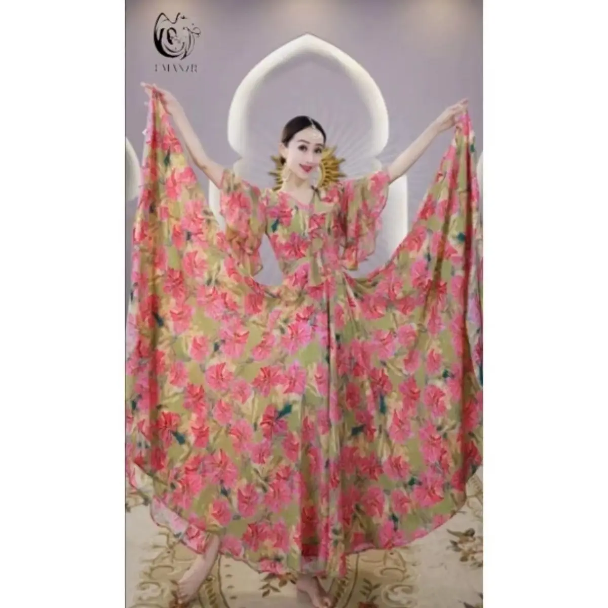 A2521 Yiman Exotic Style Xinjiang Dance Summer Performance Indian Dance Print Slimming Large Swing Dress for Women