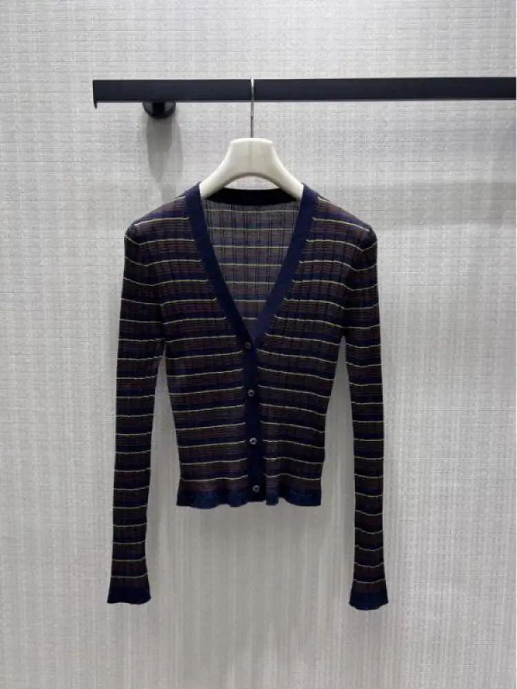 2026 High Street Versatile Slim V-neck Striped Knitted Cardigan Simple Casual Retro Elegant Top For Women