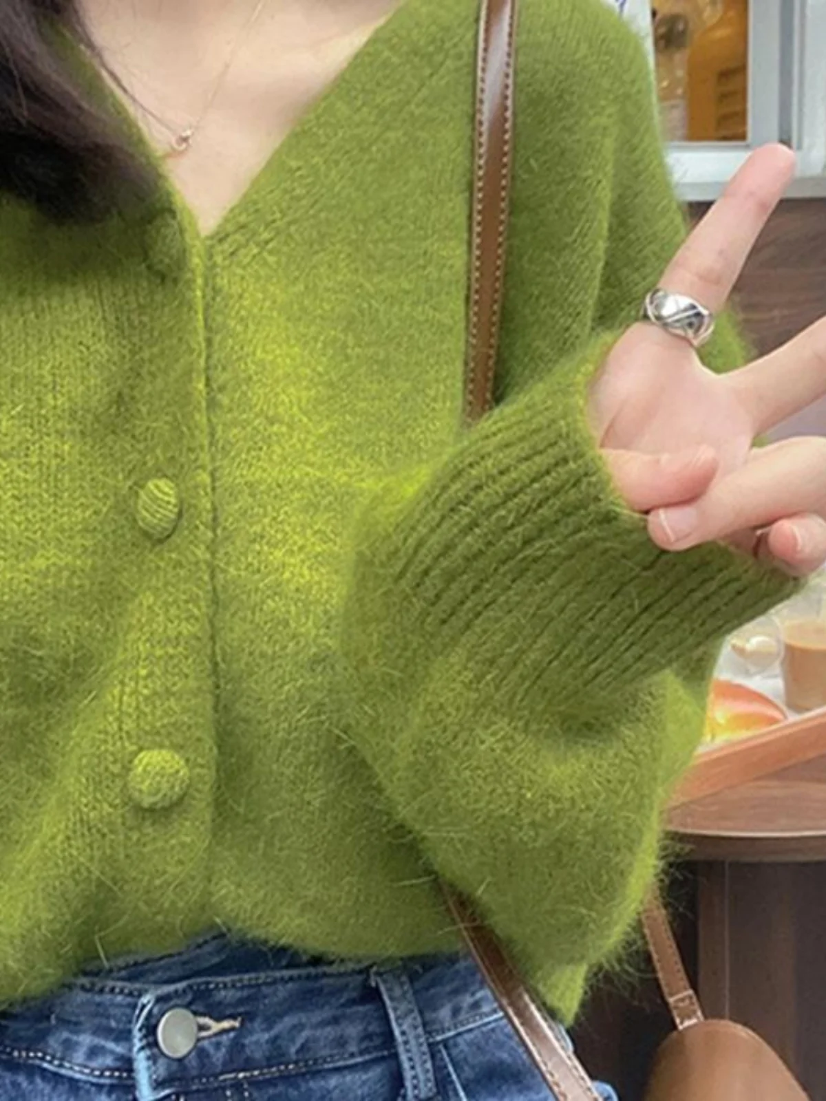 Spring Knitted Avocado Green Open Cardigan Women's High-End Lazy Outerwear Soft V-Neck Sweater Vintage Long Sleeve Top
