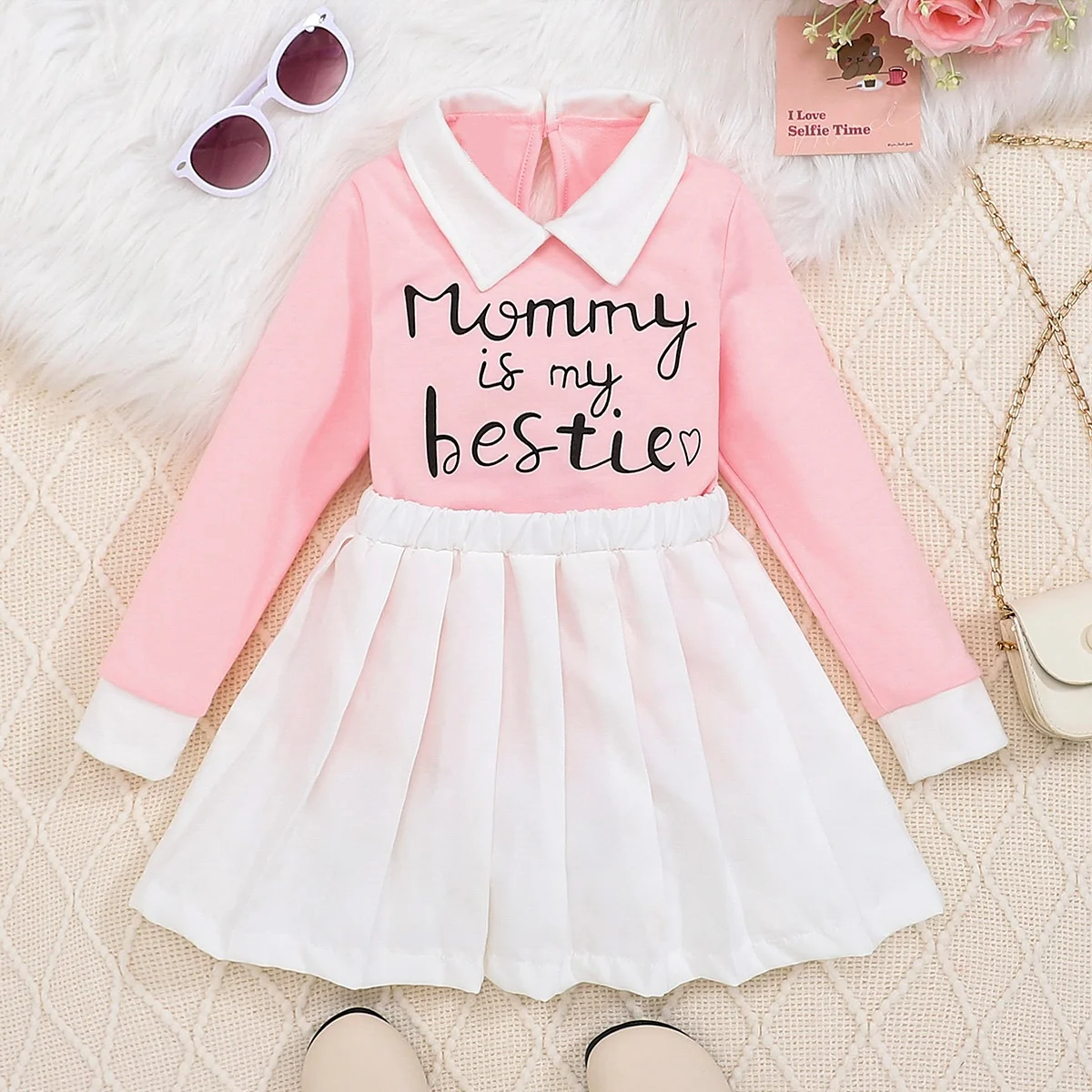 Girls Princess Dress Color Block Collar Letter Print Long Sleeve Doll Collar Gored Skirt Pink White Contrast Baby Girl's Dress