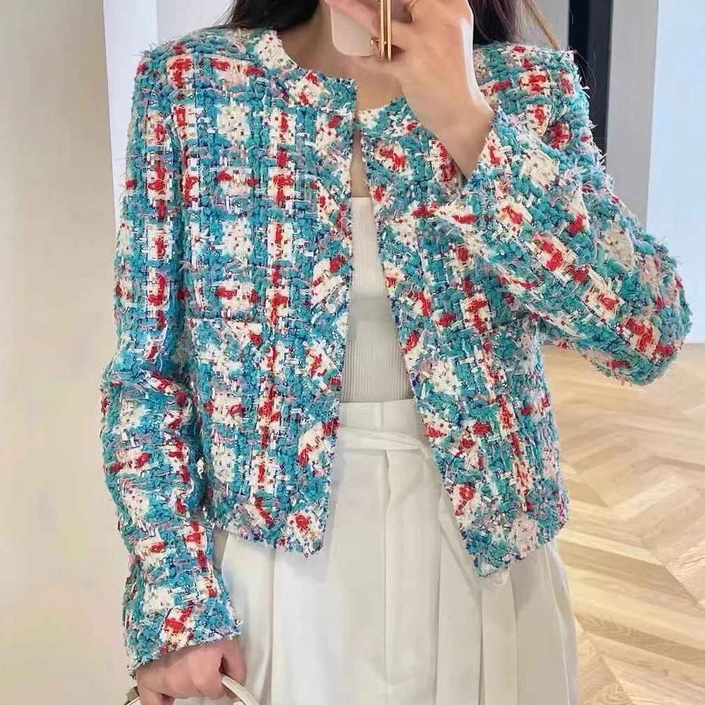 Light luxury tweed Plaid color matching short coat, feminine, small fragrance, woven long sleeve short top