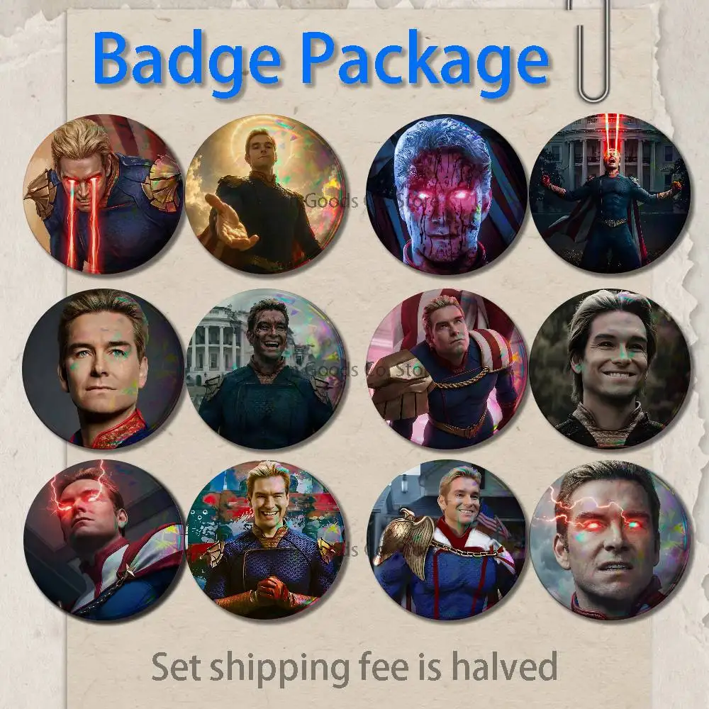 Laser eye H-Homelander Superpower Soldier Boy Brooches for Backpack Accessories 25,32,44,58,75mm Round Enamel 2-piece set Badge