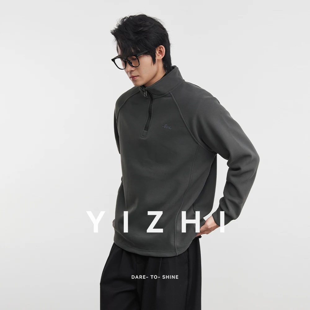 

2025 New Winter Heavyweight Men's Fleece Sweatshirt Warm Half-zip Stand Collar Embroidered Pattern Long-sleeved Top Pullover