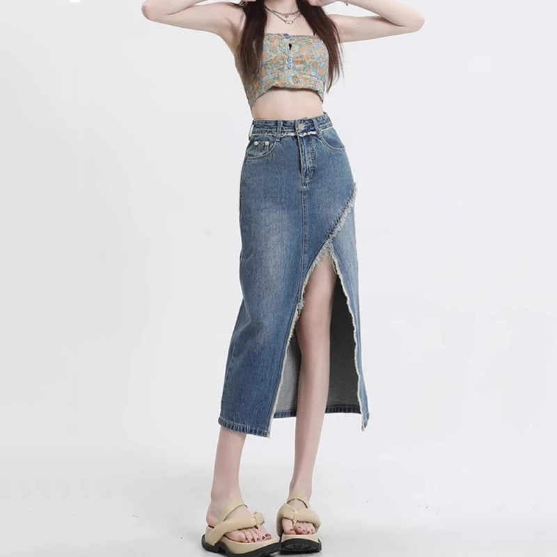 

Blue Side Slit Denim Skirt American Style High Waisted Skirt Fashionable Versatile Short Skirt 2025 Women's Spring Summer New