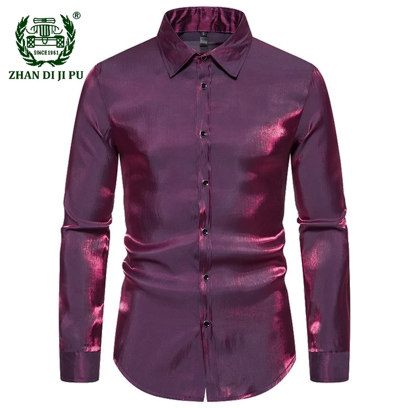 

Blue Glitter Shiny Shirts for Men Slim Long Sleeve Button Down Dress Shirts Men Disso Party DJ Nightclub camisa casual hombre