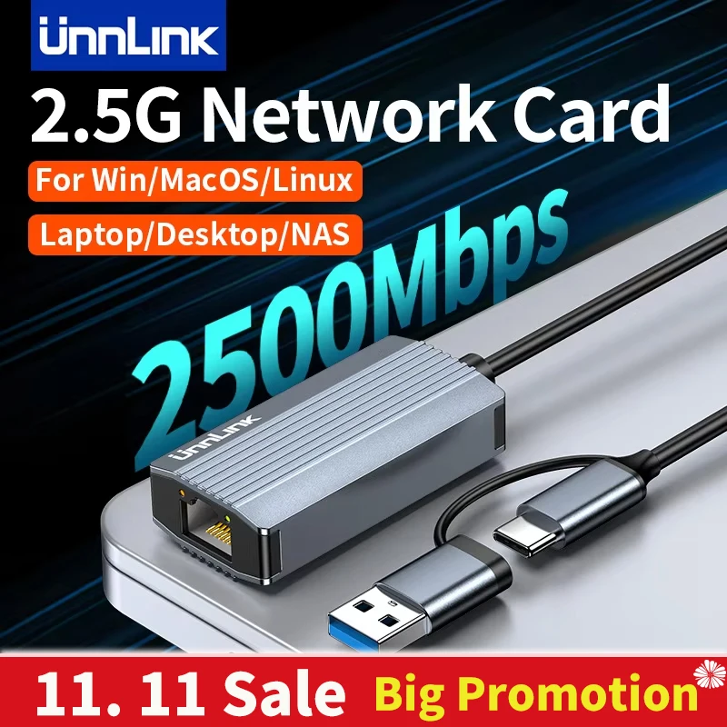 

Unnlink 2.5G Ethernet Adapter 2500Mbps USB 3.0 & Type C to Rj45 Network Card for Laptop PC NAS Server Windows Mac OS Internet