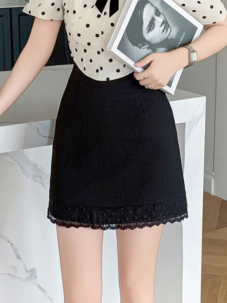 Fashion Summer Lace Mini Skirt Women High Waist A-line Splicing Bodycon Preppy Kawaii Skirts Woman Blue Black Yellow Jupe Short
