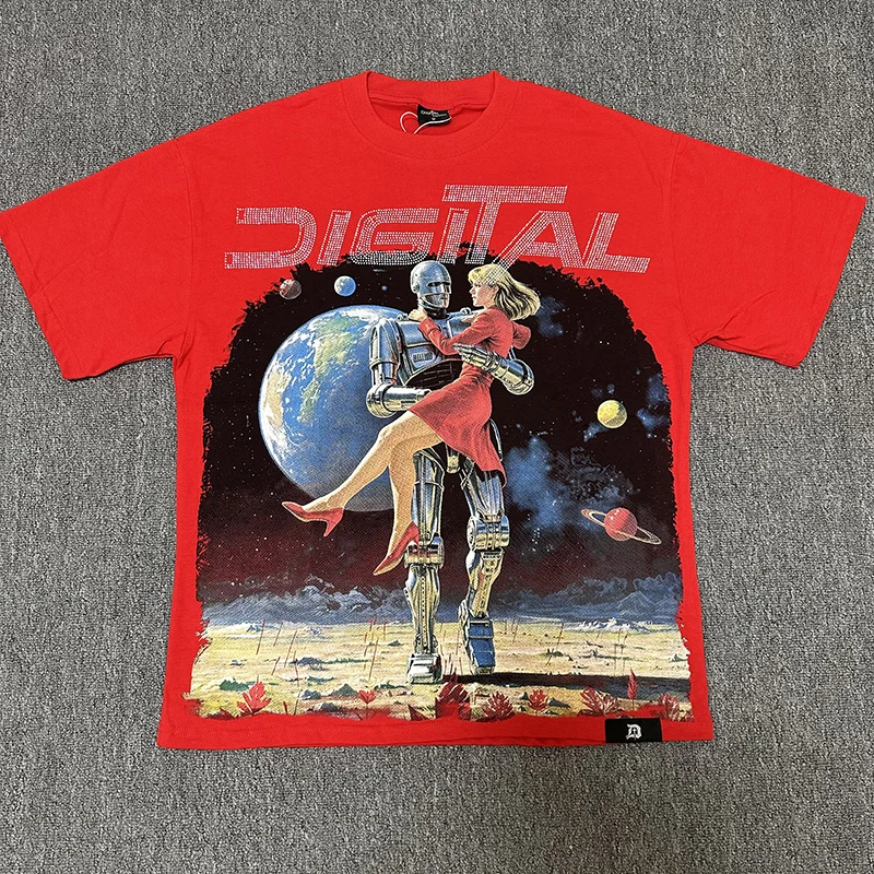 New DIGITAL Men T Shirt Hip Hop Cosmic Planet Robot Lady Graphic Bright Red Short Sleeve Street Casual Top Fast Delivery