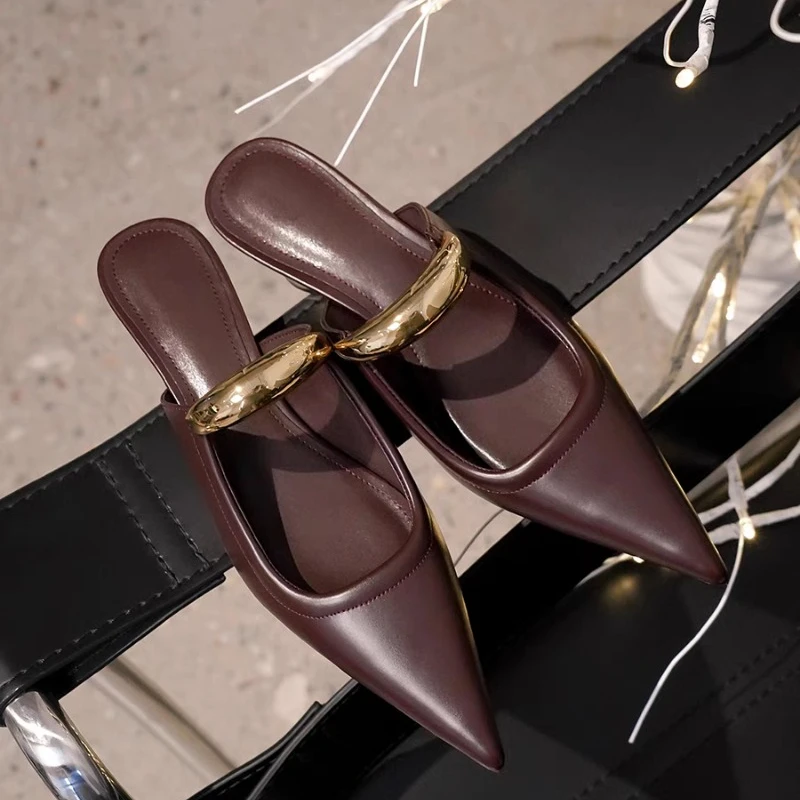 

Ladies' Slippers Luxury Slides New Designer Thin Heels Pointed Toe Med Female Shoes Low Shallow Mules for Women Fashion Bas