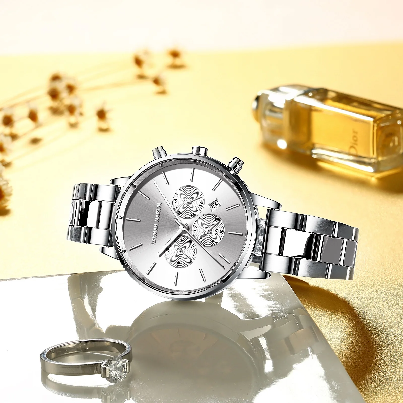 Модные женские часы, многофункциональный хронограф с застежкой-бабочкой, водонепроницаемый ремешок из нержавеющей стали, женские наручные часы