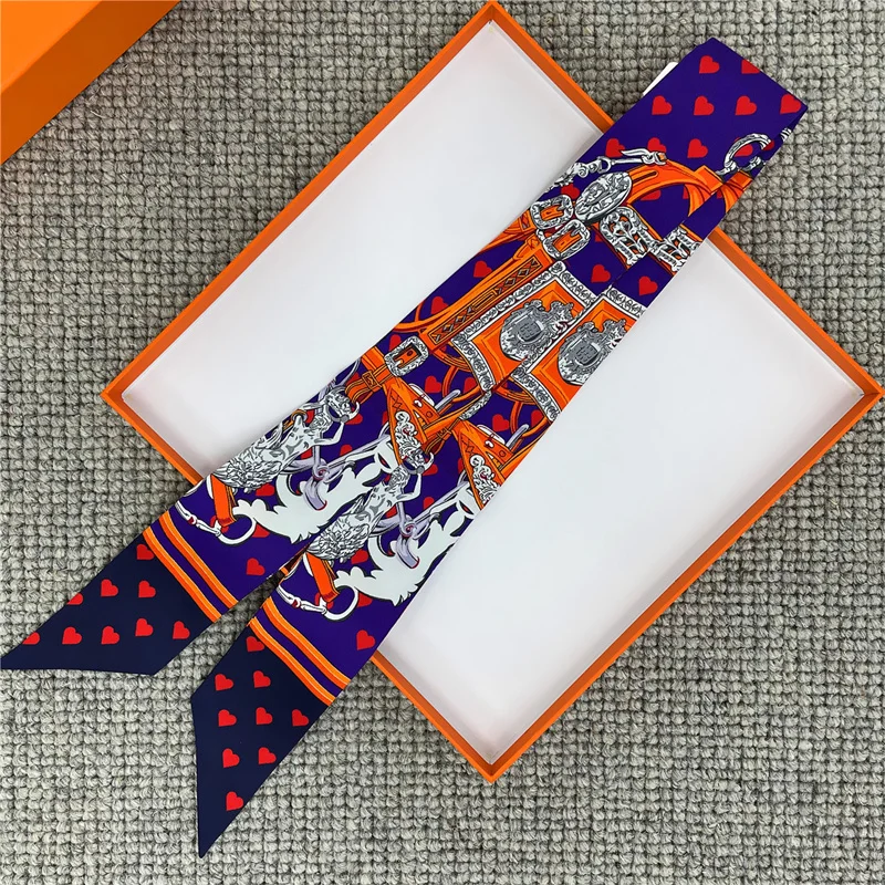 POBING Fashion Print 18m/m Twill Silk Scarves Women Luxury Brand Scarf Bag Ribbons Tie Head Scarf Small Long Skinny Scarf 86*5CM