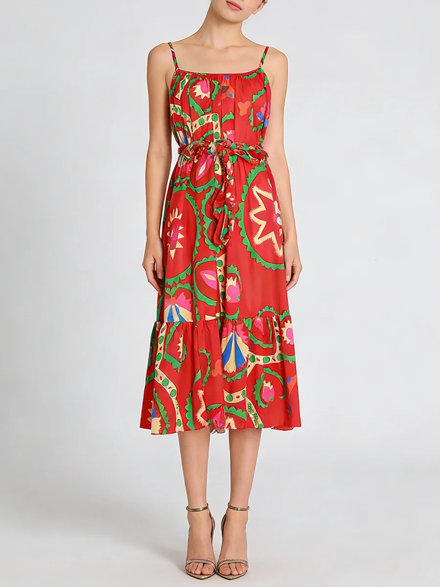 TWOTWINSTYLE Fashion Printing Spliced Ruched Long Dress for Women Square Neck Sleeveless Patchwork Lace Up Casual Dress Female