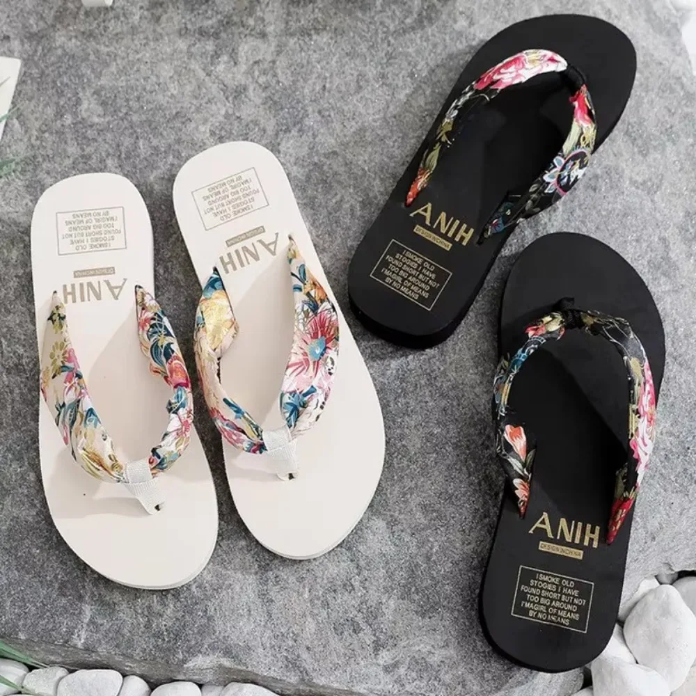 Summer Floral Printing Slippers Women Bohemian Satin Strap Platform Wedge Flip Flops Outdoor Thick Bottom Beach Shoes Thick Heel