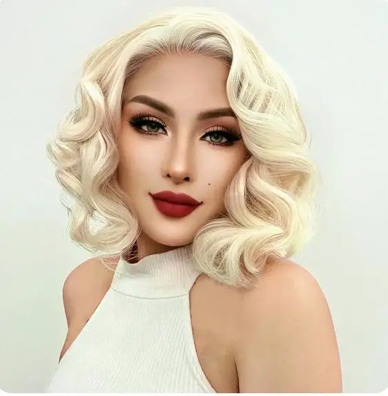 Synthetische 12Inch Platina Korte Blonde 13 × 3 Lace Front Pruik Witte Vrouwen Krullend Golvende Bob Pruiken Synthetische Body Wave Lace Pruik