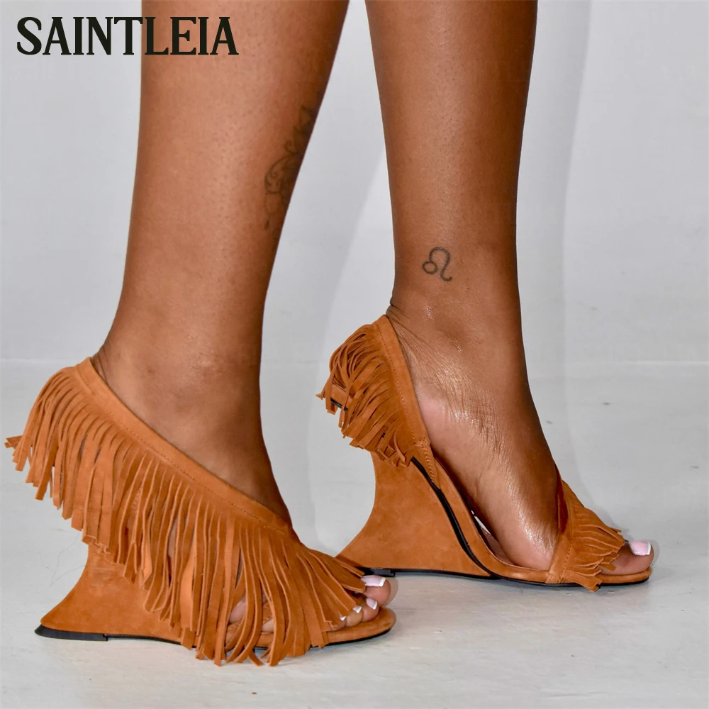 

Fringe Curved Wedge Heel Sandals Peep Suede Toe Curved 4-Inch Heel Summer Shoes Designer Style Handmade Tassel Women High Heels