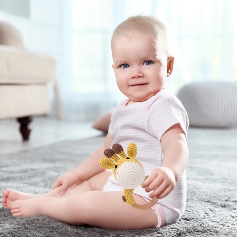 1 Buah Mainan Pengocok Kerincingan Bayi Kayu Crochet Singa Jerapah Kayu Cincin Kerincingan Bayi Hadiah Mainan Kerincingan Hewan Baru Lahir Montessori