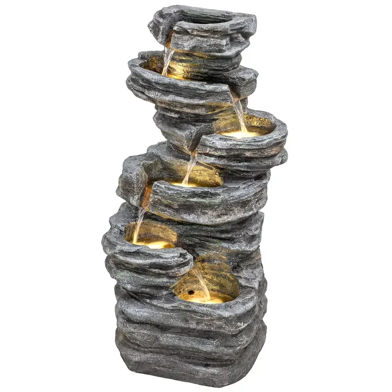 40-Inch high outdoor LED light strip Garden fountain 6 cascading waterfalls Grey resin landscape fountain, elegant outdoor