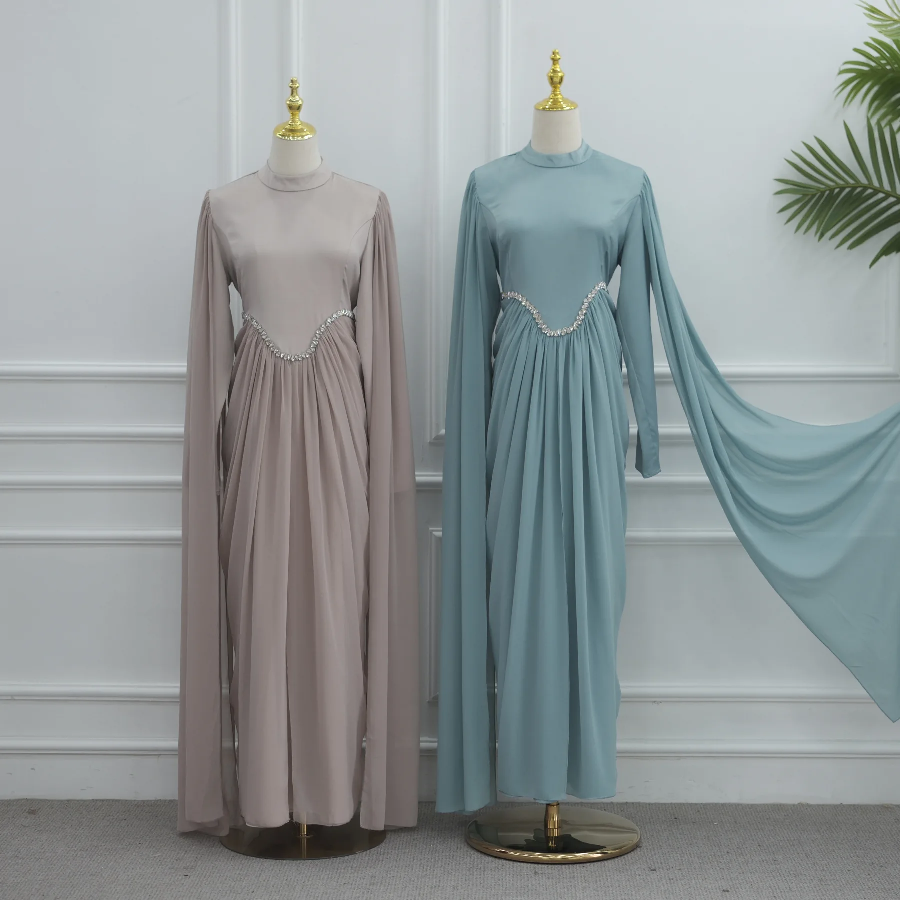 

Eid High Neck Modest Dress for Muslim Women Luxury Dubai Abaya Elegant Turkey Kaftan Robe Diamonds Jalabiya Caftan Vestidos Gown