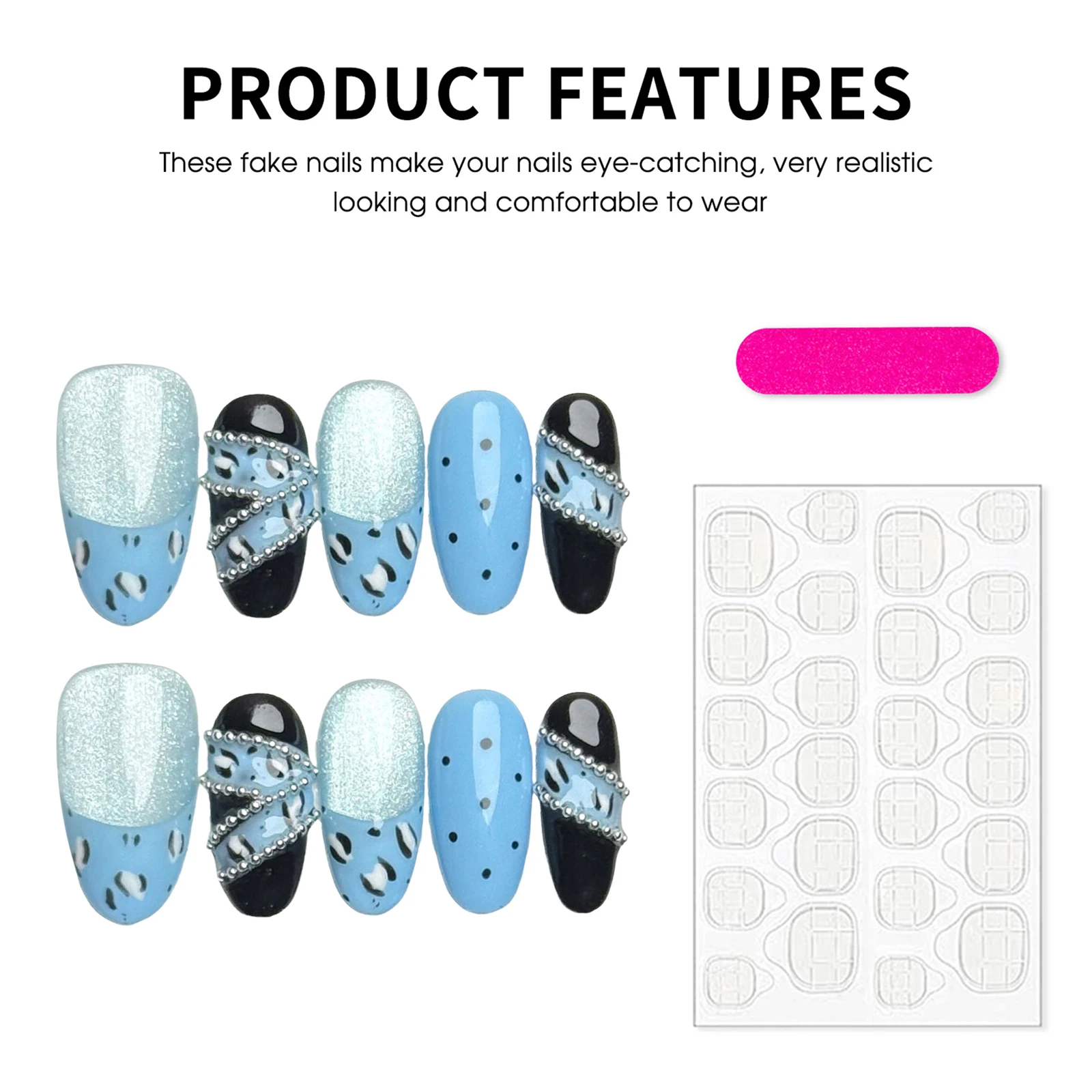 10pcs Oval Handmade Cat Eyes Glitter Fake Nails With Metal Chain Decor Ice Blue Leopard False Nails For Women Party Daily Wear