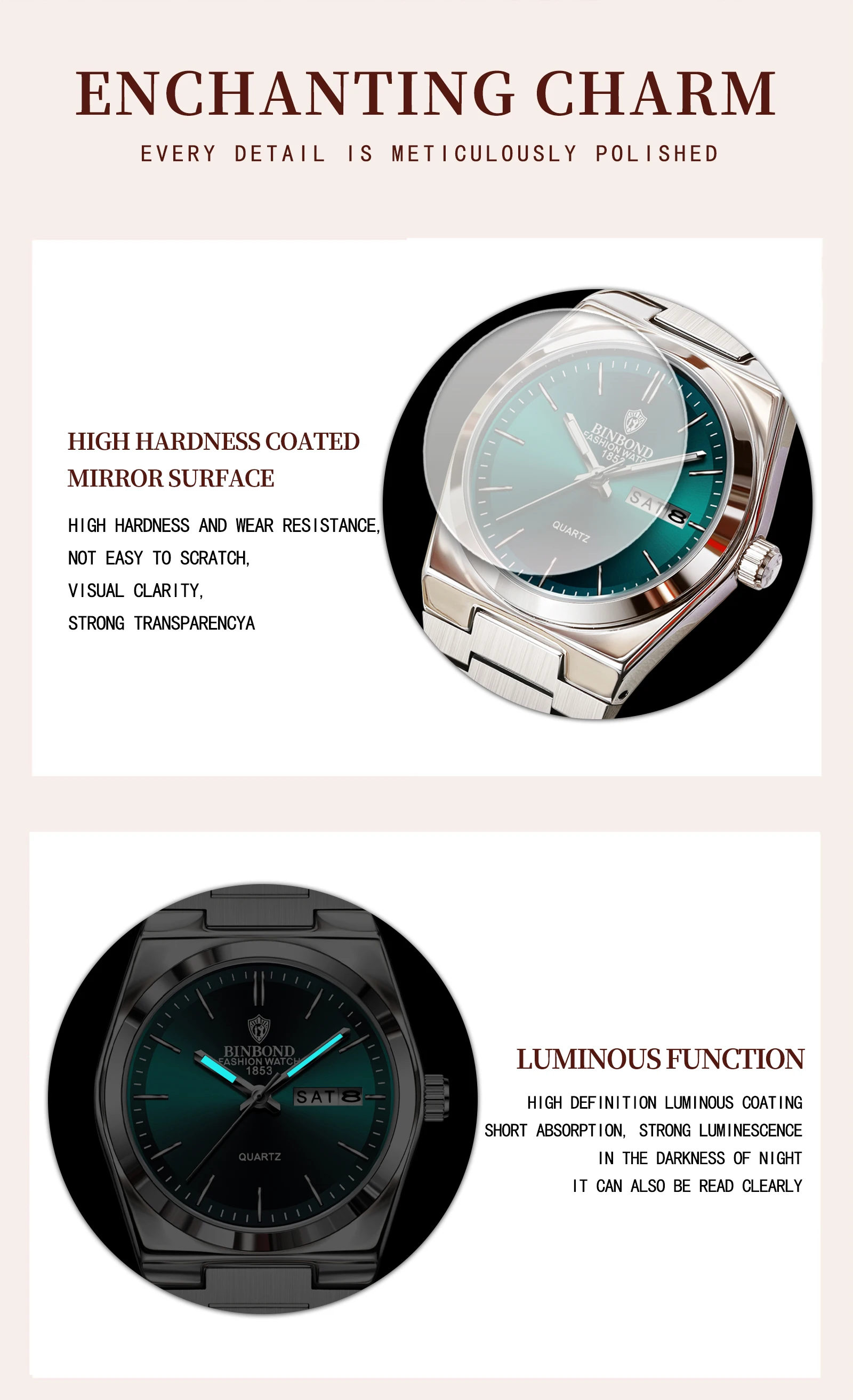 BINBOND New 103 Ultra Thin Business Women's Quartz Watch Double Calendar Waterproof Night Light Non Mechanical Women's Watch