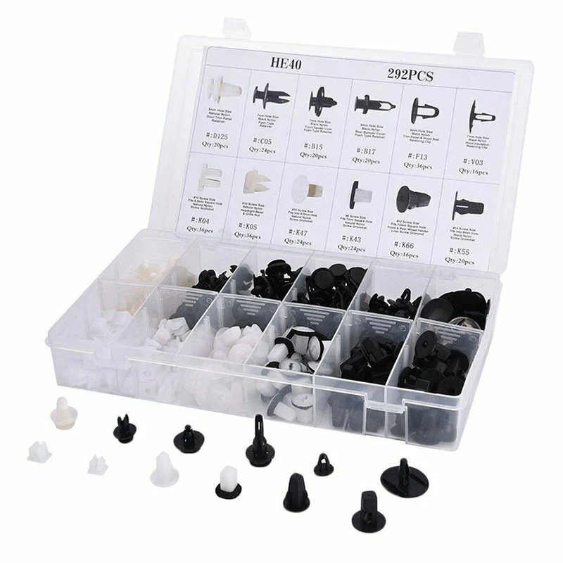 1. Universal 292Pcs Car Plastic Fastener Clips Assortment Kit Push Pin Rivet for Door Bumper Fender Liner Trim Replacement Parts