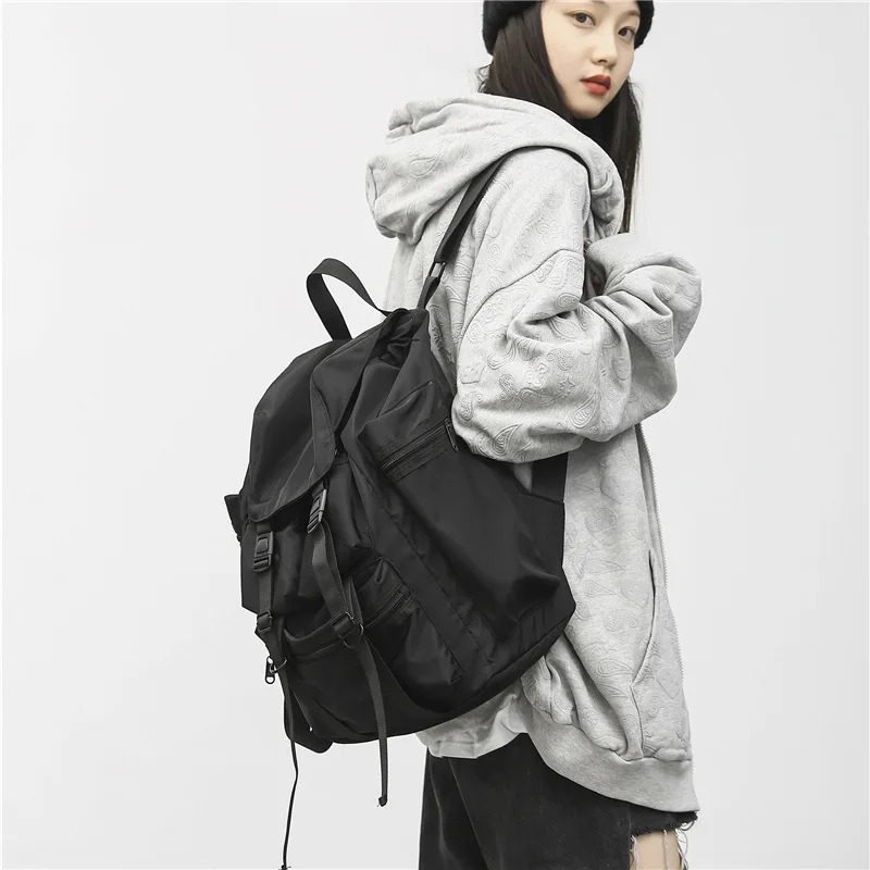 Solid Black Men's Backpacks Cool Streetwear Style Man Backpack Harajuku Large Capacity School Bags Waterproof Nylon Bags for Men