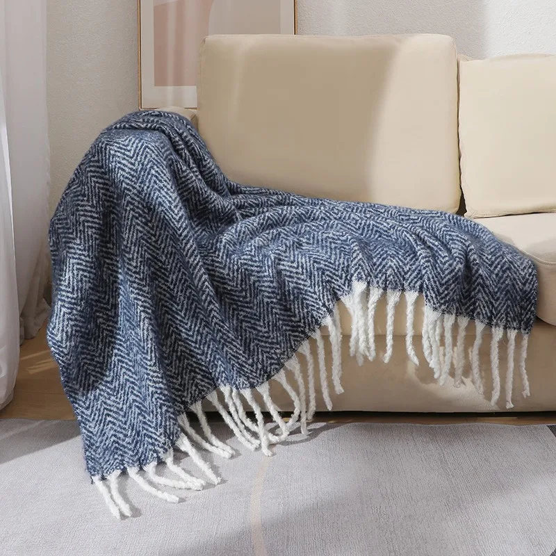 Zigzag Weaving Decor Blanket with Fringe Lightweight Soft Lap Throw Furniture Cover for Living Room Bedroom Daily Decoration