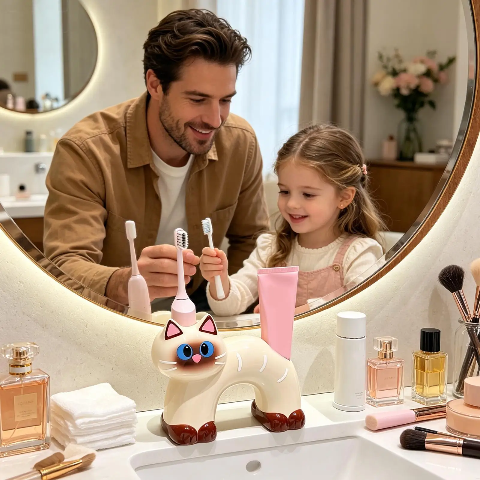 Tooth Brush Holder Ceramic Cute Cat-Shape Double Hole Stand Toothbrush And Toothpaste Holder For Bathroom Countertop Vanity Sink