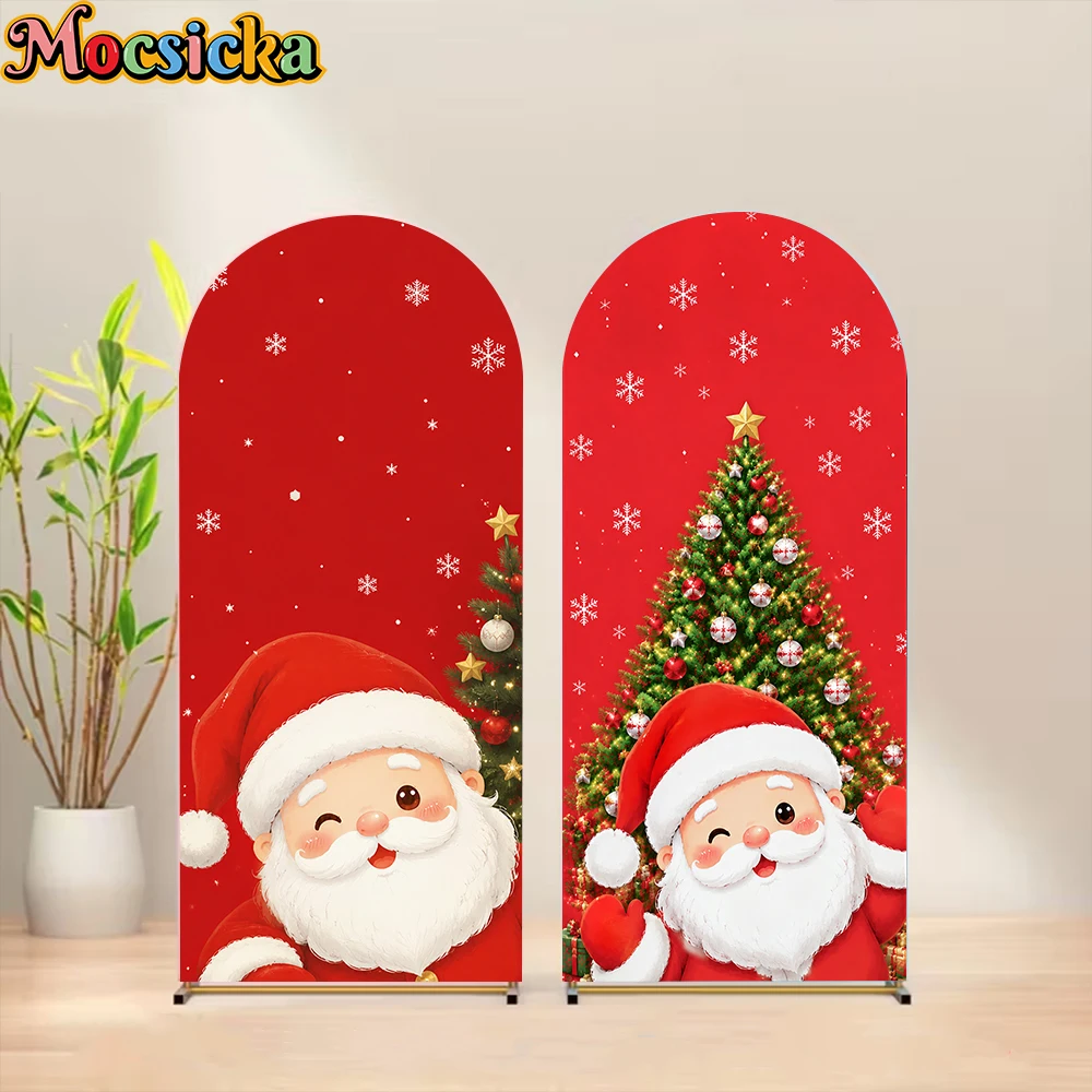 Mocsicka Red Christmas Arch Backdrop Cover Santa Claus Xmas Tree Snowflake Arched Photography Background Kids Party Photo Props