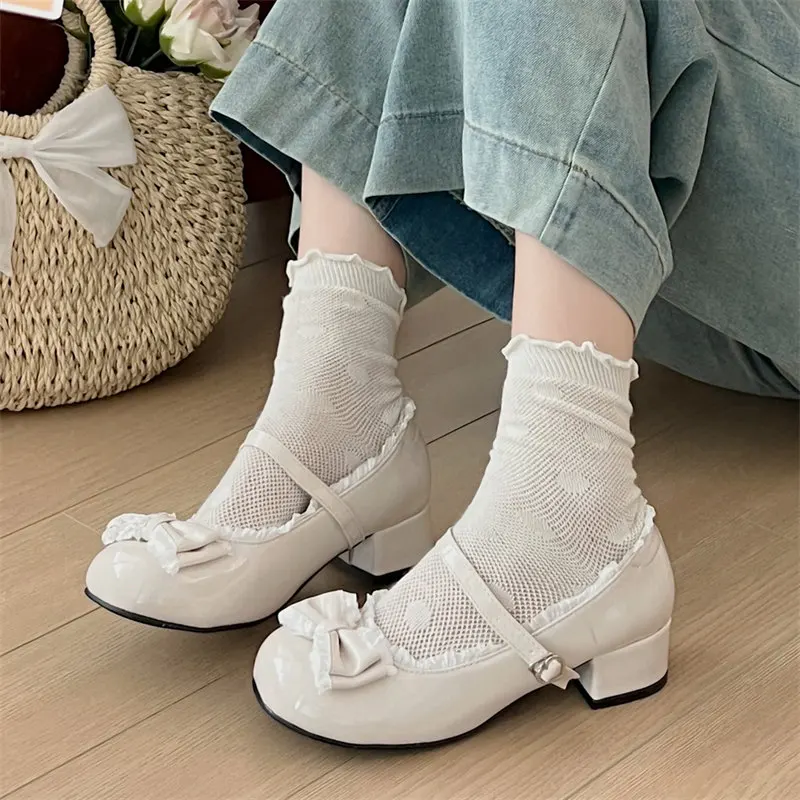 Pink Cute Ballet Shoes Women sweet Bowtie Lolita shoes Round Toe Chunky Heel Mary Jane Shoes Ladies Elegant Shallow Sandals