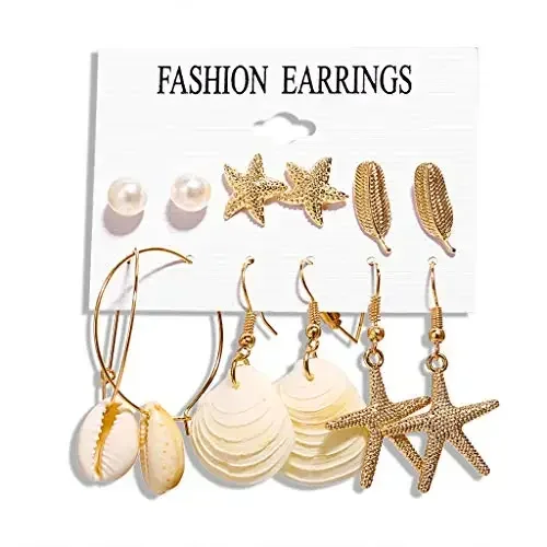 Starfish Shell Conch Stud Earrings Metal 5 Pointed Star Scallop Conch Stud Dangle Drop Earrings Gift Set for Girls Women Jewelry