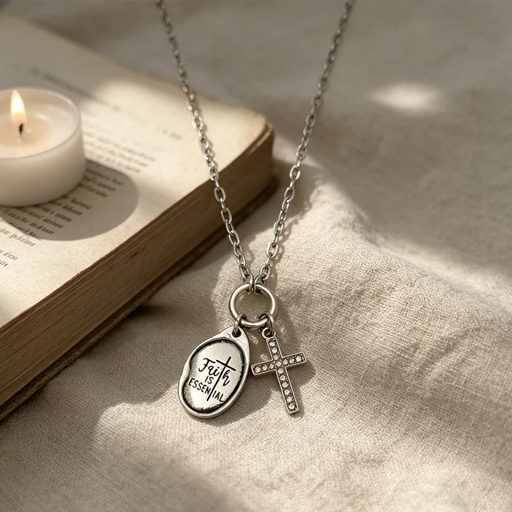 Vintage Distressed Oval Letter Tag Necklace with Diamond-Encrusted Cross, Gold and Silver Religious Style Women's Layered Clavicle Chain Accessory