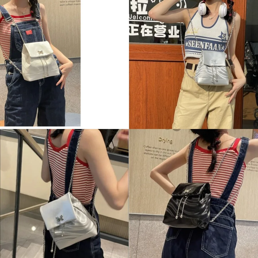 

【New Arrival】 Shiny Silver Satin Shoulder Bag, Butterfly Decor Mini Purse with Chain Strap for Evening